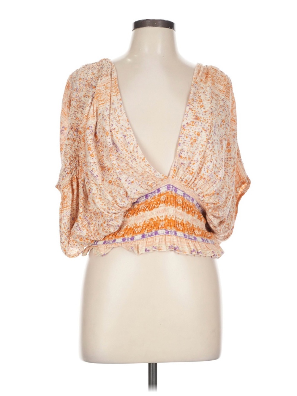Free People Peach Floral V-Neck Cropped Blouse - Women Tops